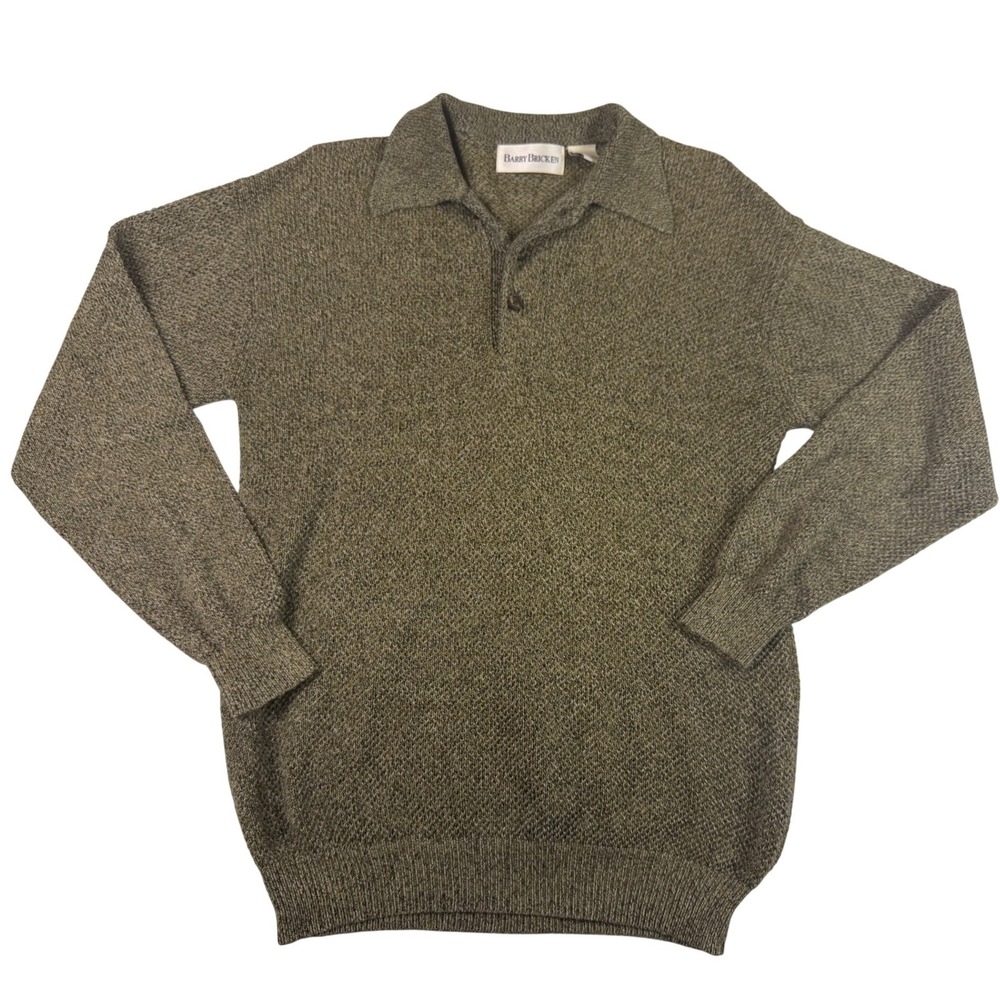 Vtg Barry Bracken Silk Knit Polo Sweater Olive Green Long Sleeve Large Grandpa